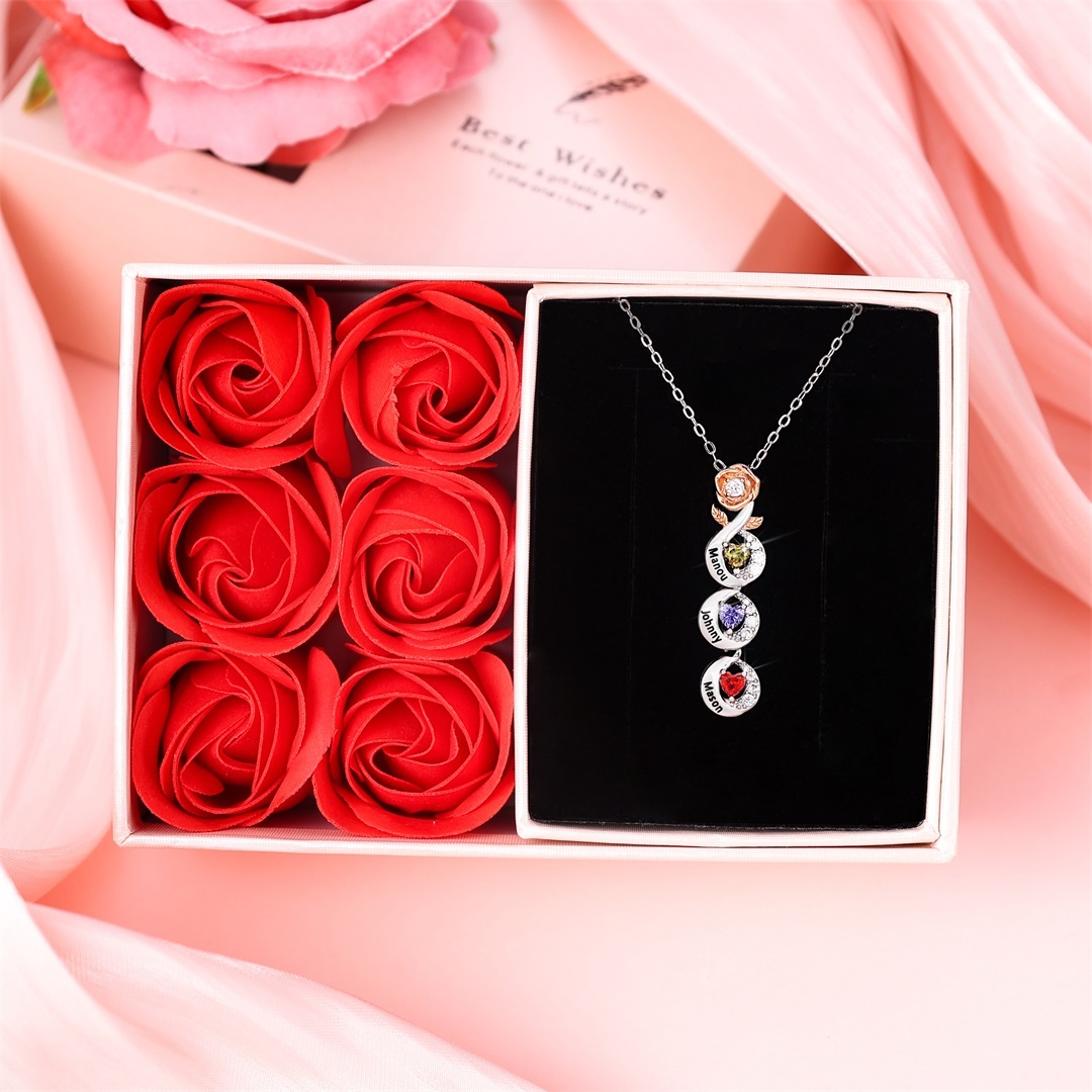 Custom Family Necklace Rose Pendant with 2 Birthstones Engraving 2 Names Gifts for Her-Jessemade AU