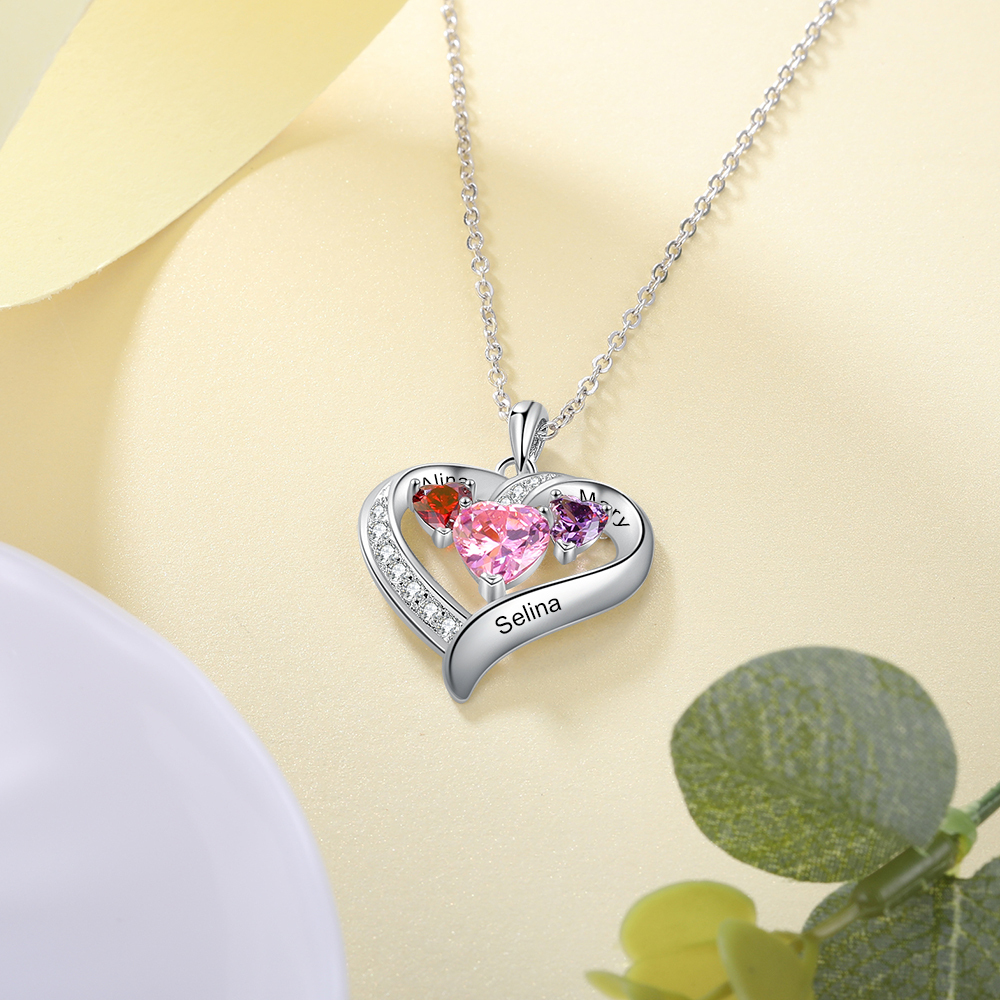 Personalised Heart Necklace With 3 Birthstones Engraved Names Gift For Her-Jessemade AU