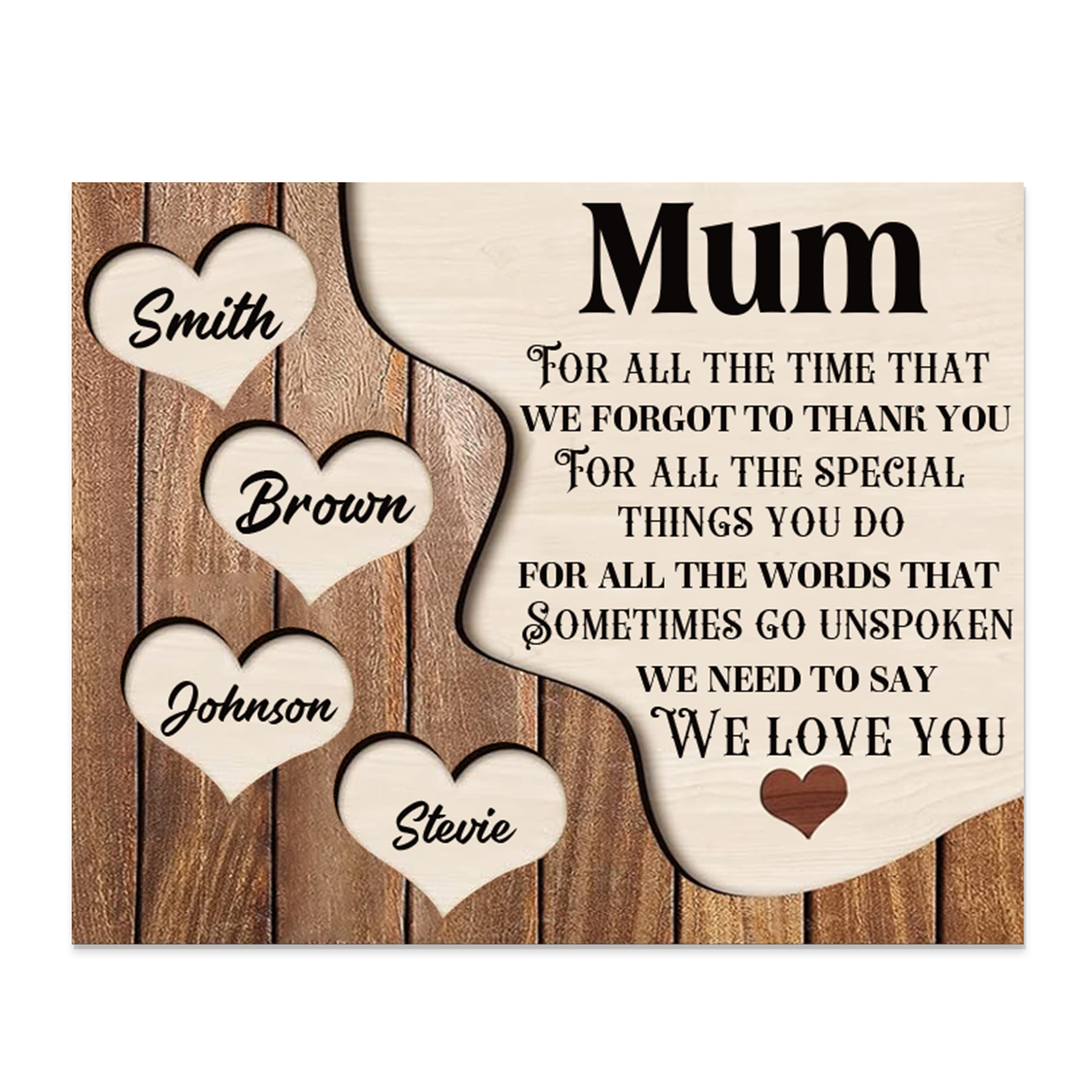 4 Names - Personalised Mum Wooden Plaque Custom Names Home Decoration Hearts Gift for Mother-Jessemade AU