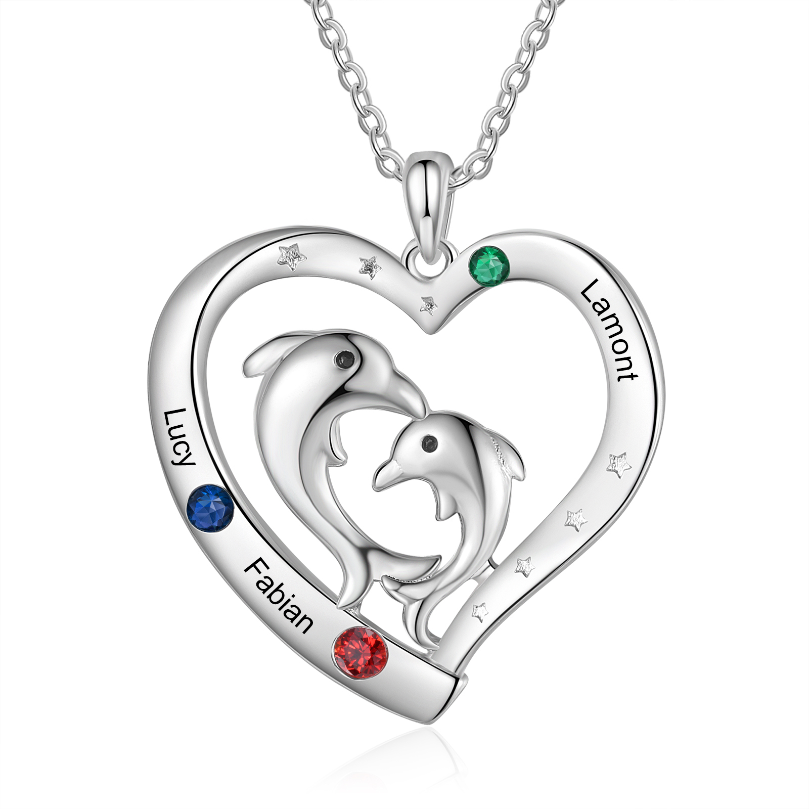 Personalised Heart Dolphin Pendant Necklace Custom 3 Birthstones Engraved 3 Names Necklace Gift for Her-Jessemade AU