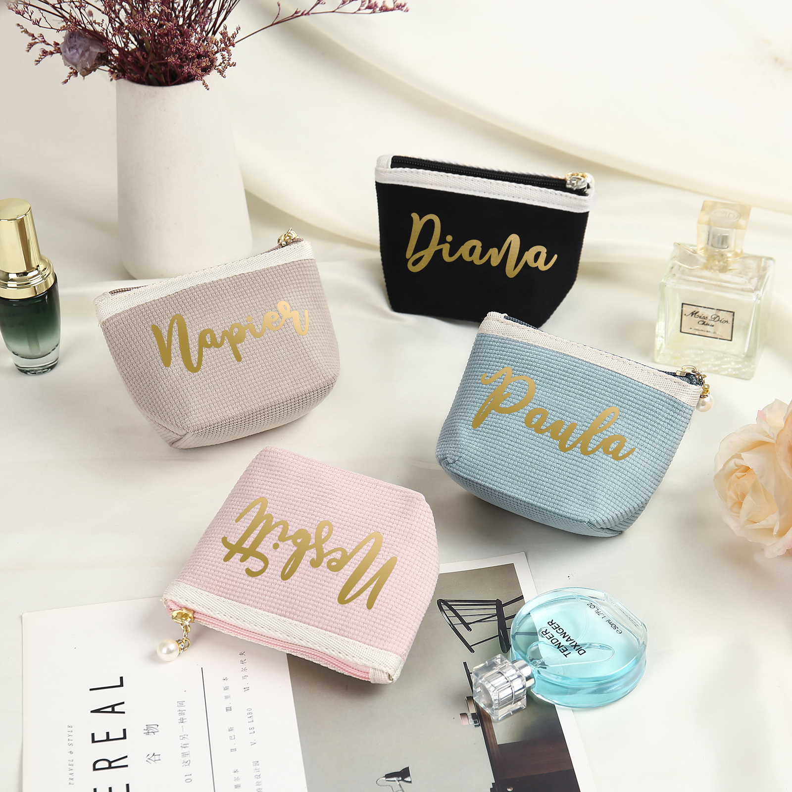 A Set Personalised Name Cosmetic Bag Custom Makeup Bag Zipper Storage Bag Gifts for Ladies Girls-Jessemade AU