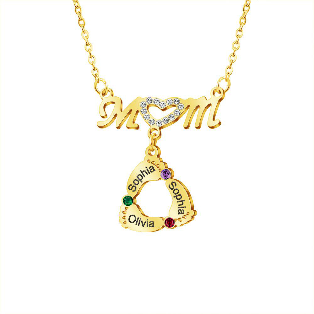 Mom Necklace Customised Baby Feet Necklace with Birthstones Engraving 3 Names Gifts for Her-Jessemade AU