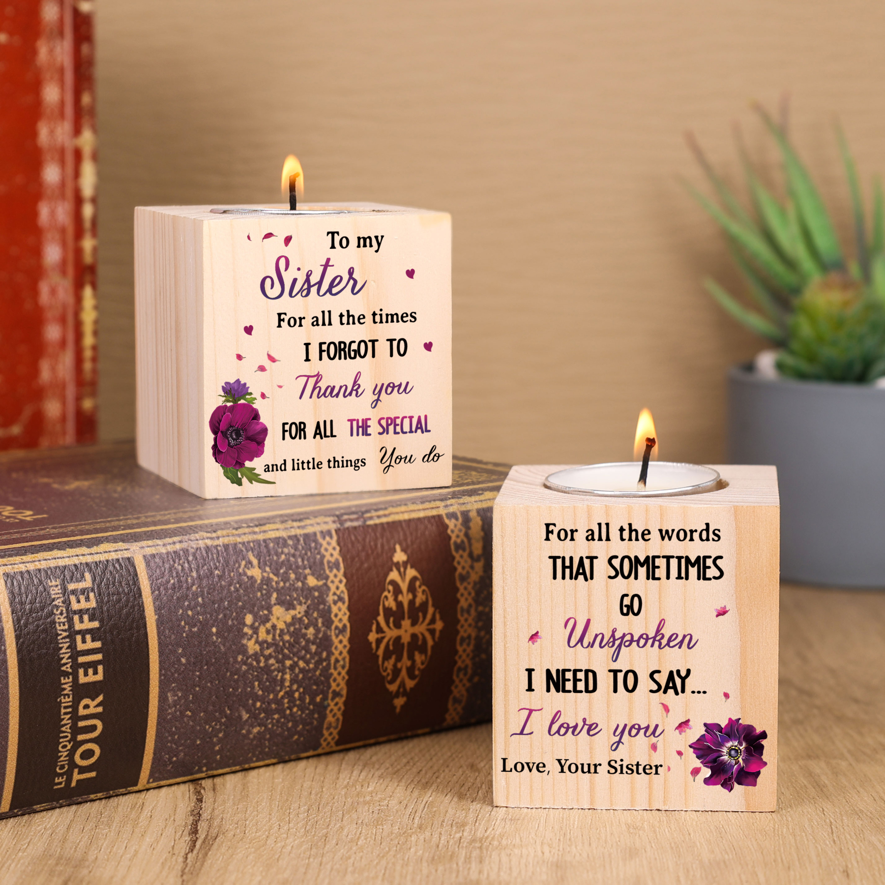 To My Sister Block Candle Holder I Need To Say I Love You Wooden Candlesticks-Jessemade AU