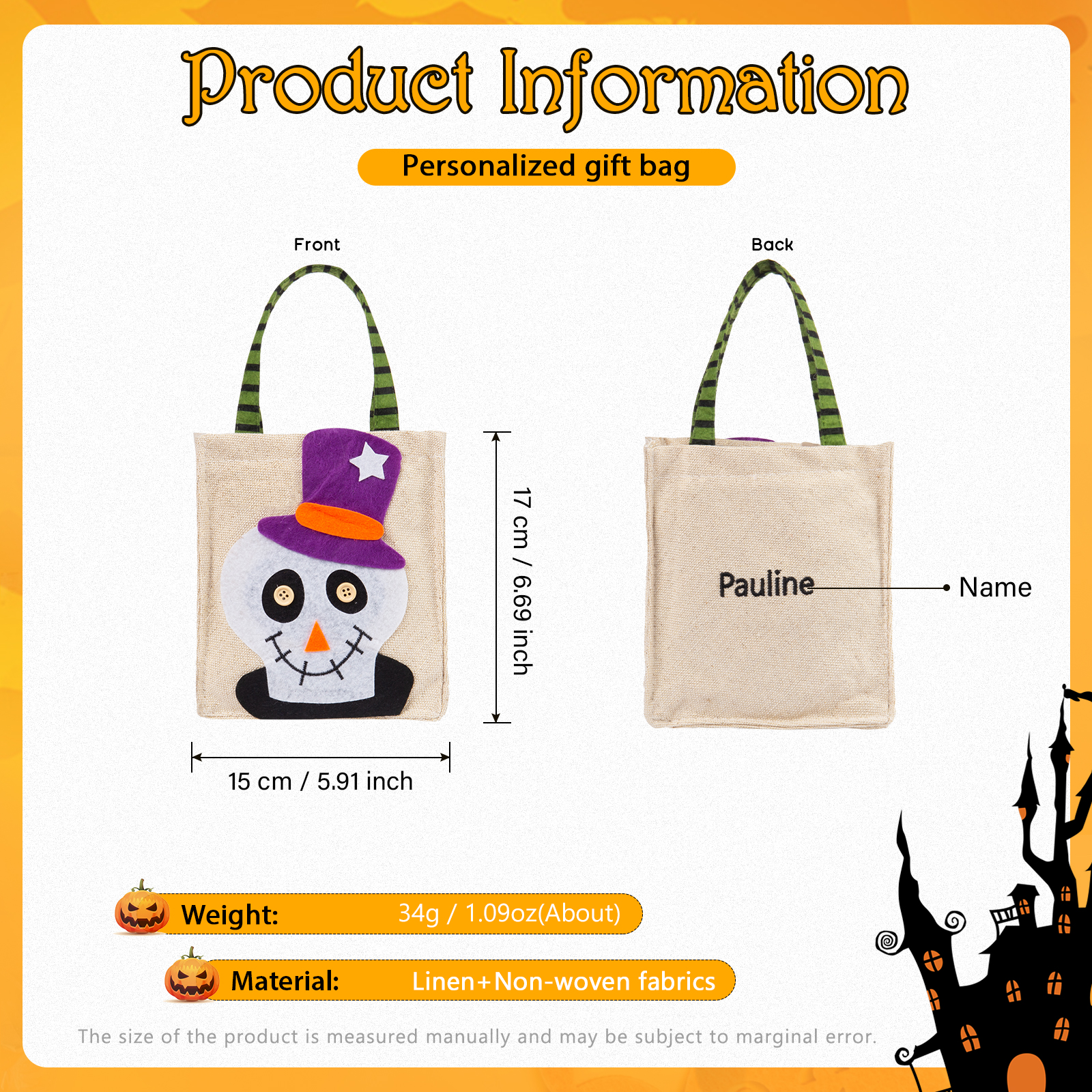 Personalised Halloween Tote Bags Custom 1 Name Halloween Trick or Treat Candy Bags-Jessemade AU