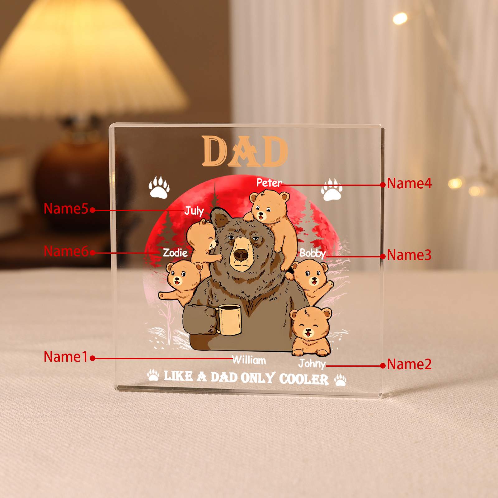 Personalised 6 Names Acrylic Square Keepsake Bear Family Rectangle Plaque Father's Day Gifts - Like A Dad Only Cooler-Jessemade AU
