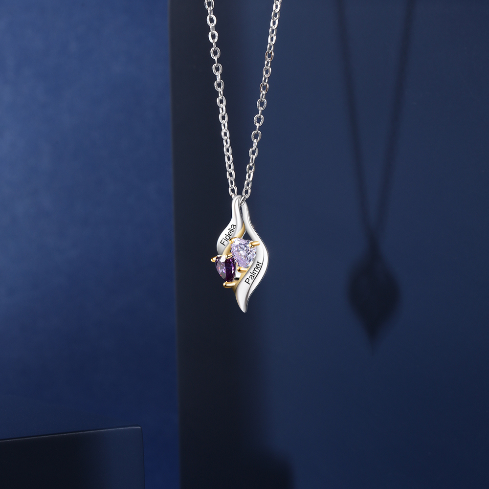 Personalised S925 Necklace With 2 Heart Birthstones Engraved Names Gift For Her-Jessemade AU