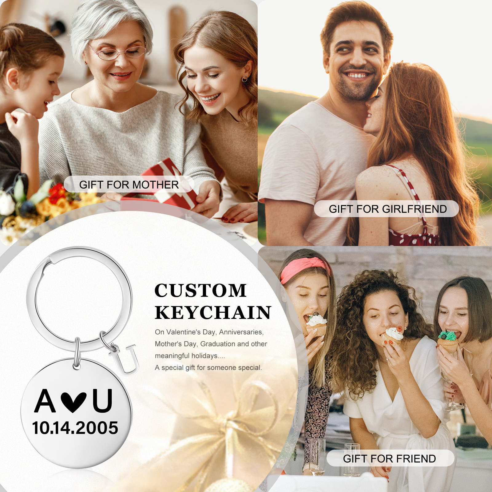 2 PCS Couple Keychains Custom 2 Letters and 2 Dates Keyring Valentine's Day Matching Couple Gift for Him/Her-Jessemade AU