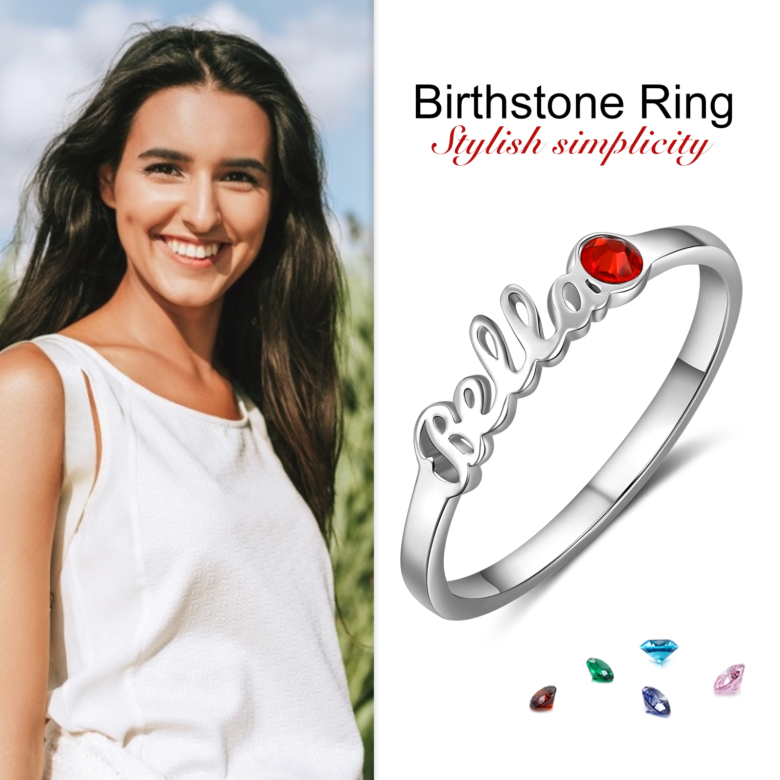 Personalised Birthstone Ring Custom 1 Name Ring Best Gift For Women-Jessemade AU