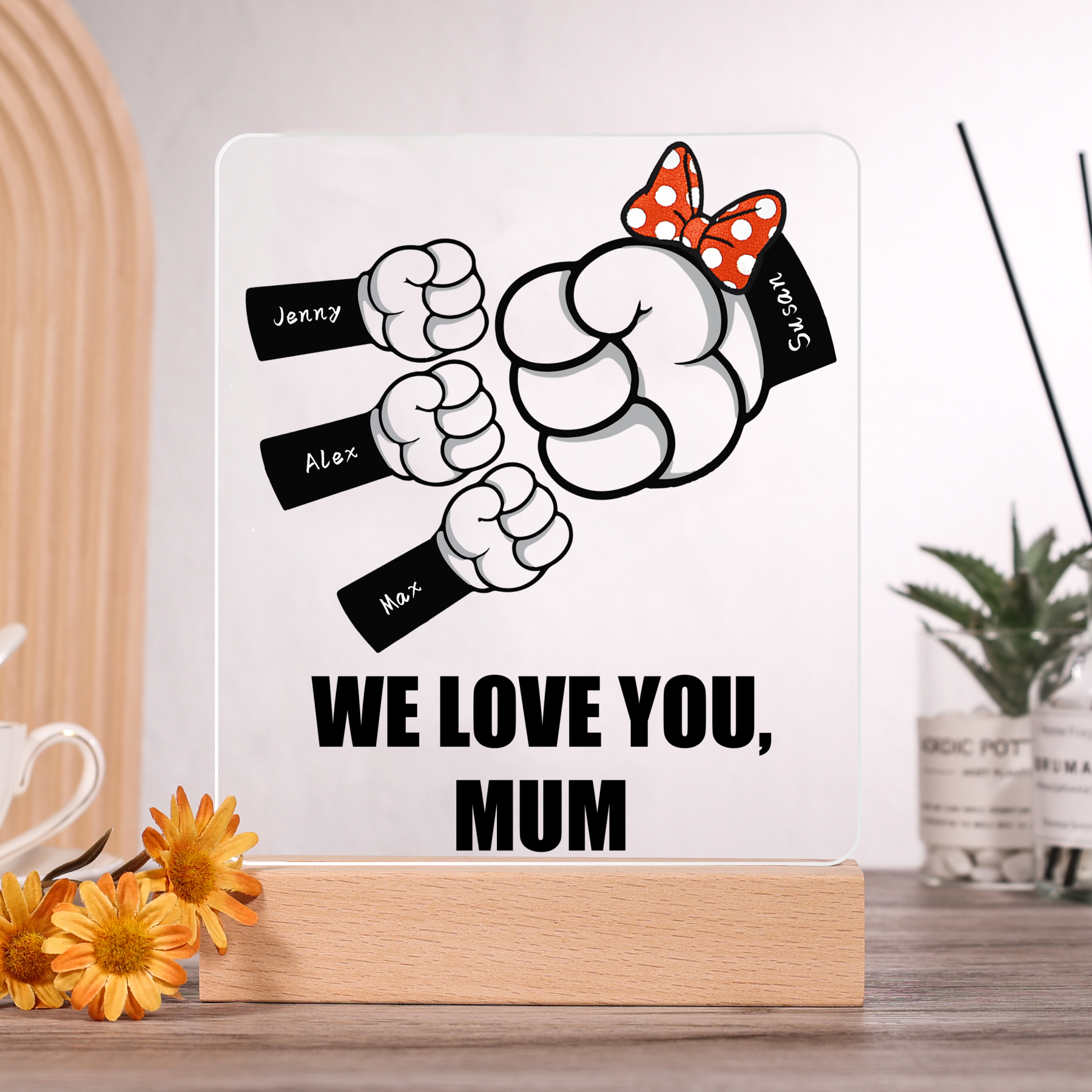 4 Names - Personalised Acrylic Night Light Custom Names & Text Fist Bump LED Lamp Gifts for Family-Jessemade AU