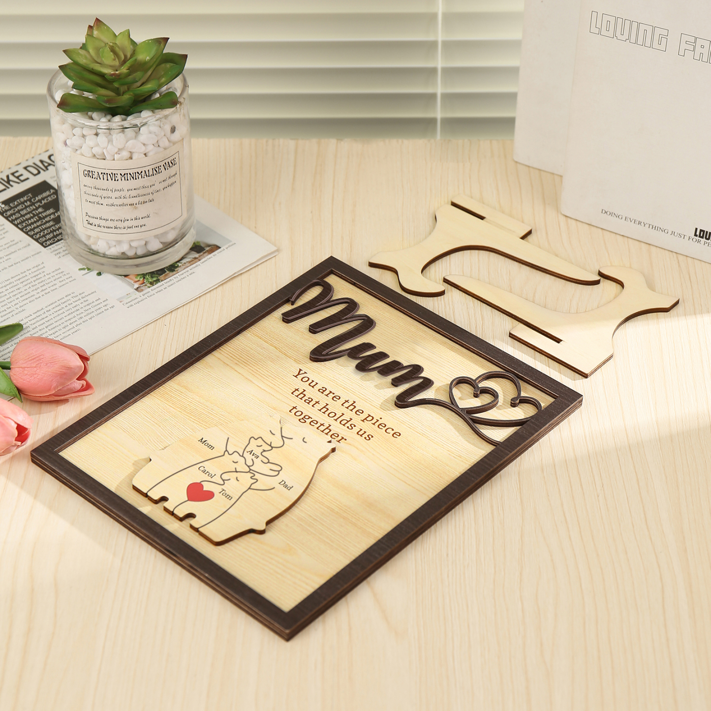Personalised Bear Puzzle Pieces Wooden Plaque Custom 5 Names Family Ornament With Stand Gifts for Mum - You Are The Piece That Holds Us Together-Jessemade AU