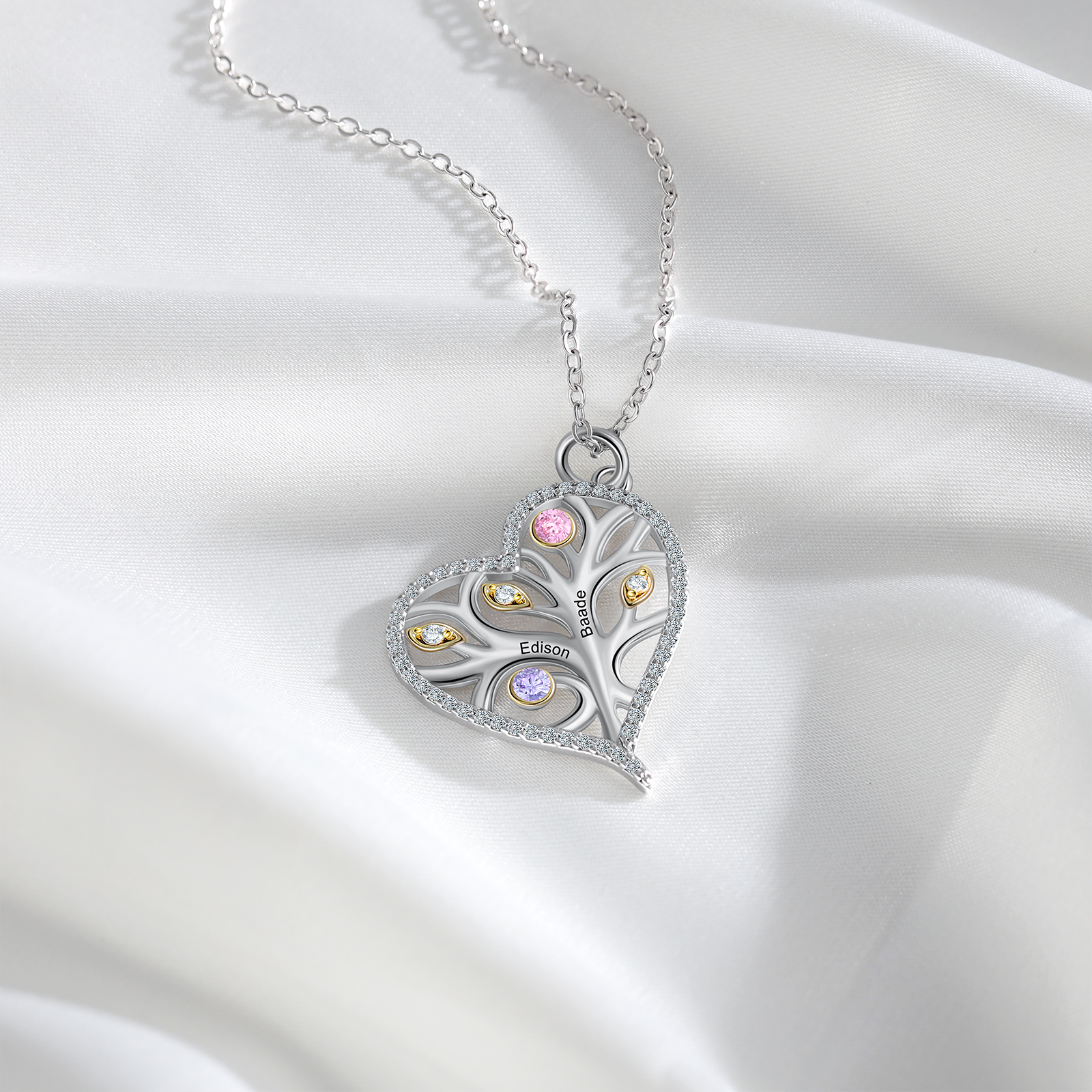 Personalised Family Tree Necklace With 2 Birthstones Custom Names Best Gift For Mother-Jessemade AU