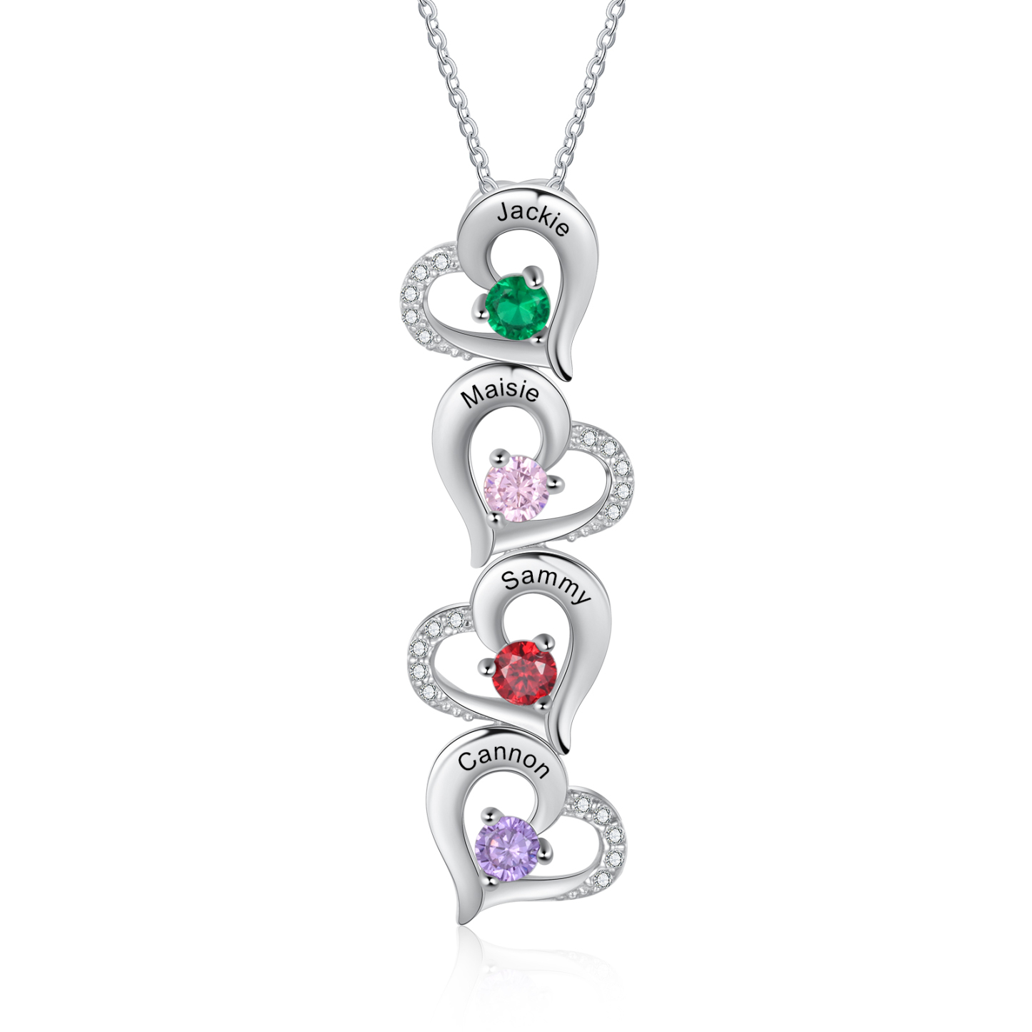 Personalised Heart Necklace With 4 Birthstones Engraved Names Gift For Her-Jessemade AU