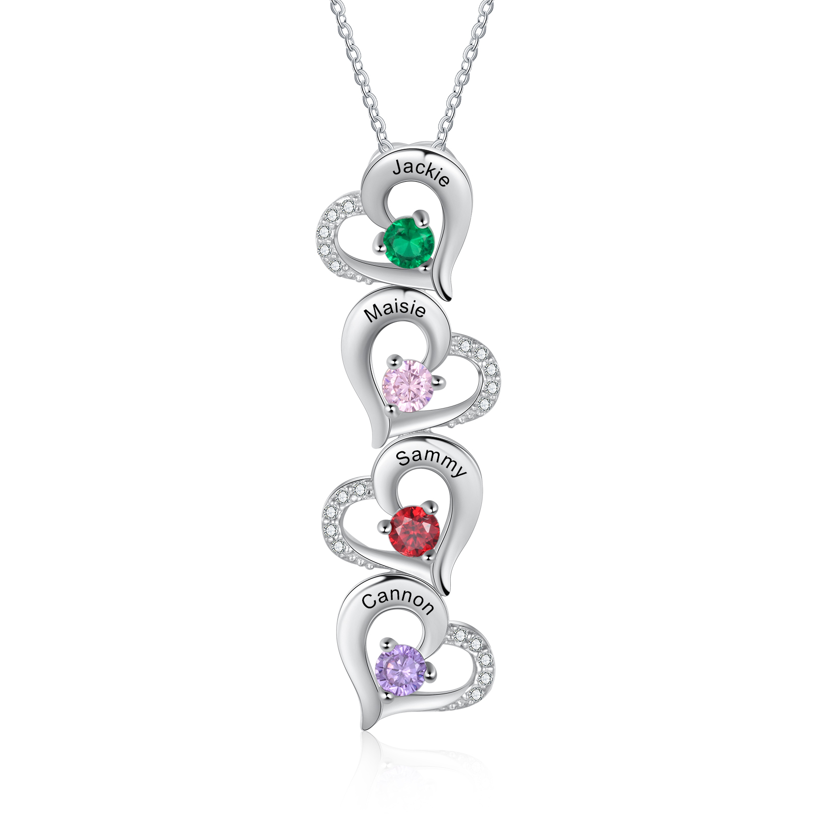 Personalised Heart Necklace With 4 Birthstones Engraved Names Gift For Her-Jessemade AU
