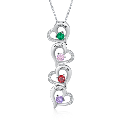 Personalised Heart Necklace With 4 Birthstones Engraved Names Gift For Her-Jessemade AU