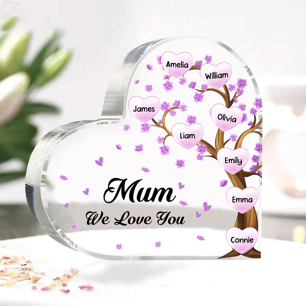 8 Names - Personalised Acrylic Heart Keepsake Custom Text Purple Flowers Tree Ornaments Gifts for Grandma/Mother-Jessemade AU