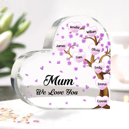 8 Names - Personalised Acrylic Heart Keepsake Custom Text Purple Flowers Tree Ornaments Gifts for Grandma/Mother-Jessemade AU