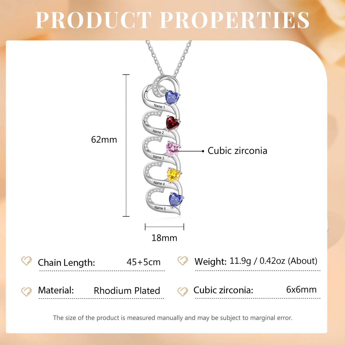Personalised Heart Pendant Necklace Custom 5 Birthstones & 5 Names Necklace Gifts for Her-Jessemade AU