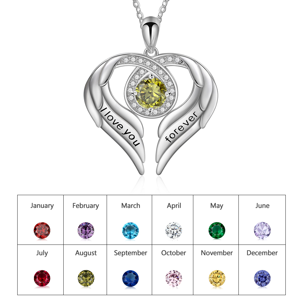 Personalised Heart Wings Necklace with 1 Birthstone Engraved Names Gift For Her-Jessemade AU