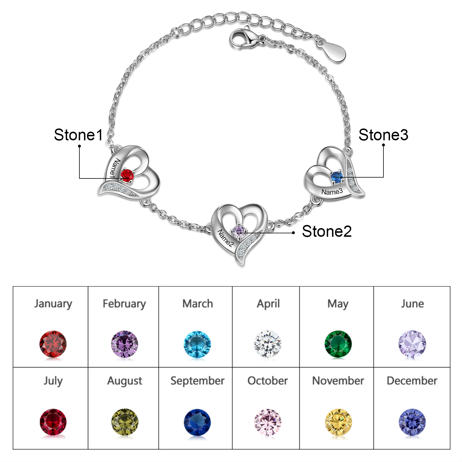 Personalised Heart Bracelet With 3 Birthstones Engraved Names Necklace For Her-Jessemade AU