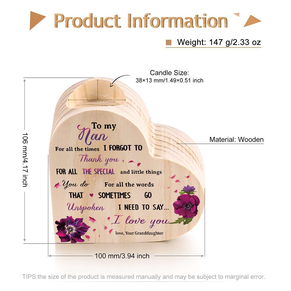 To My Nanny/Nanna/Nan/Gran Heart Candle Holder Wooden Candlestick Gift for Grandma - For All The Times I Forgot To Thank You-Jessemade AU