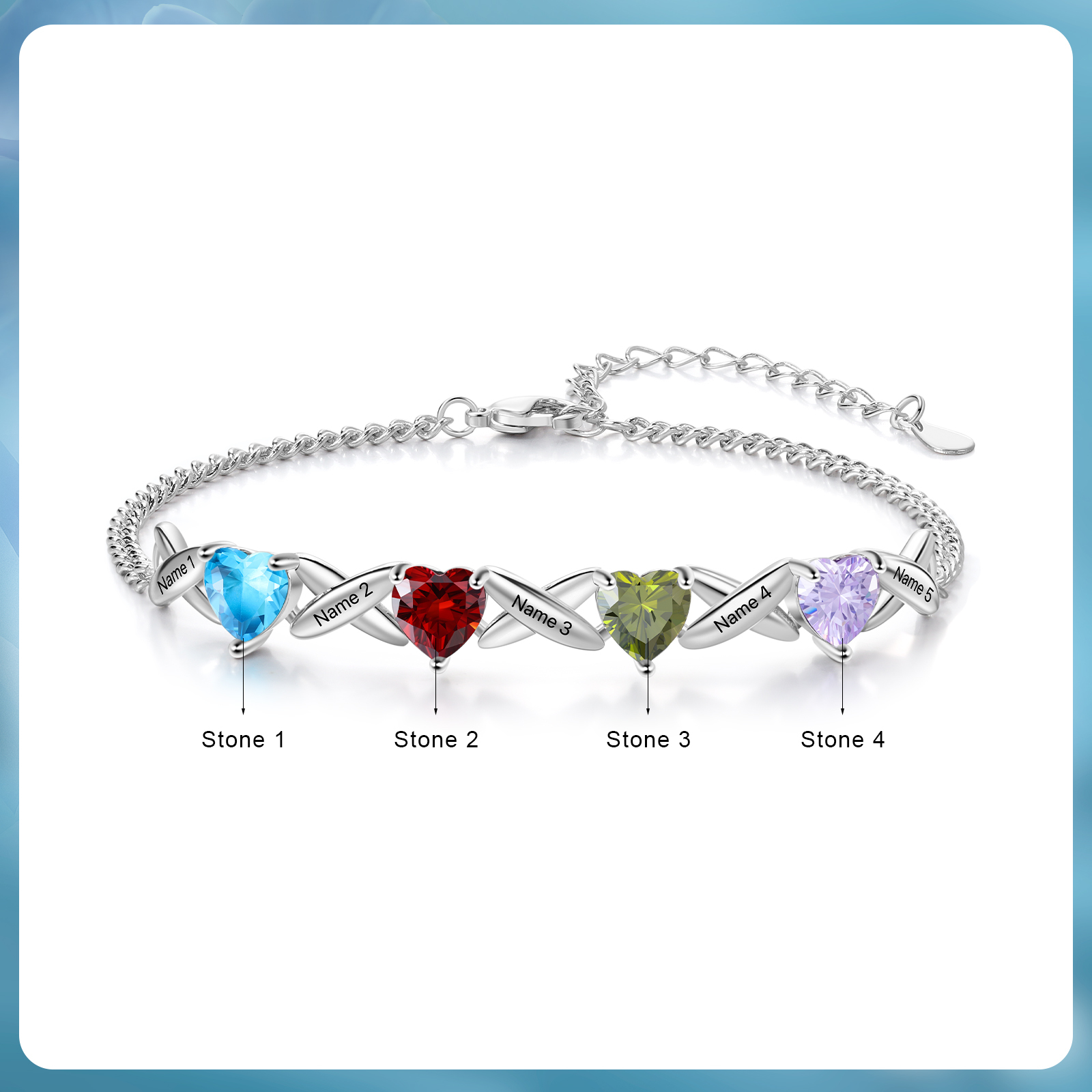 Custom 4 Birthstones Bracelet Engraved 5 Names Bracelet Personalised Birthday Gift for Her-Jessemade AU