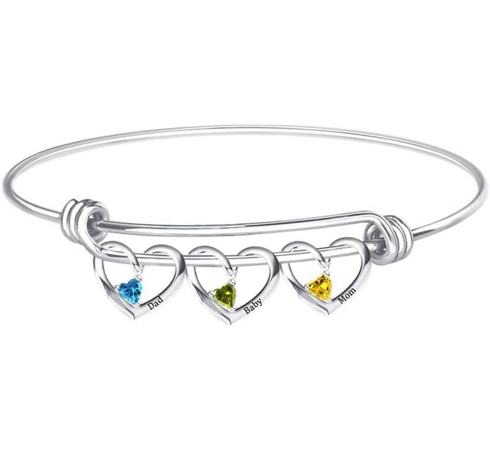Personalised Heart Bracelet With 3 Birthstones Engraved Names Bracelet Gift For Women-Jessemade AU