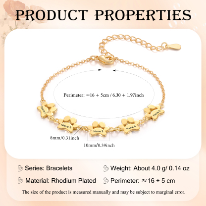 Pet Paw Custom 5 Names Bracelet Gold Adjustable Bracelet Dog Cat Paw Personalised Birthday Gift for Her-Jessemade AU