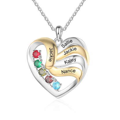 Personalised Heart Necklace with 5 Birthstones Engrave Names Family Necklace for Mom-Jessemade AU