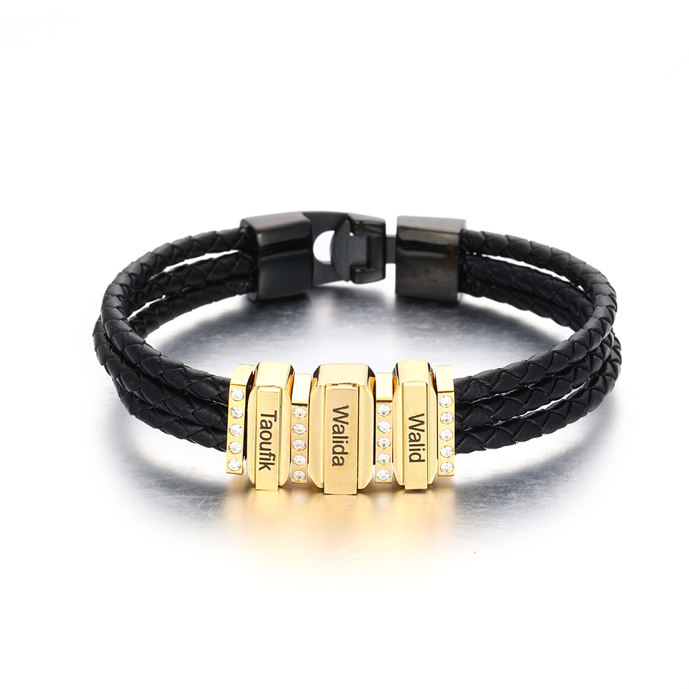 Mens Leather Bracelet with Customised Beads Personalised Three Layer Bracelet Engraved 3 Names-Jessemade AU
