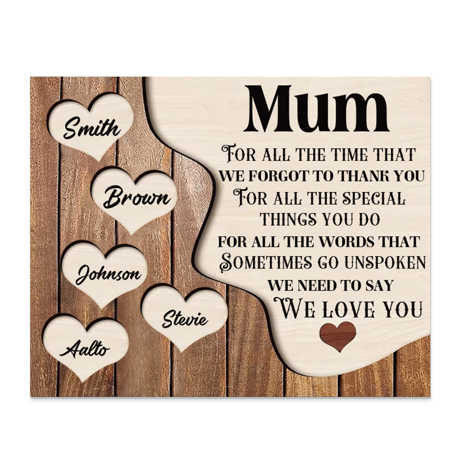 5 Names - Personalised Mum Wooden Plaque Custom Names Home Decoration Hearts Gift for Mother-Jessemade AU