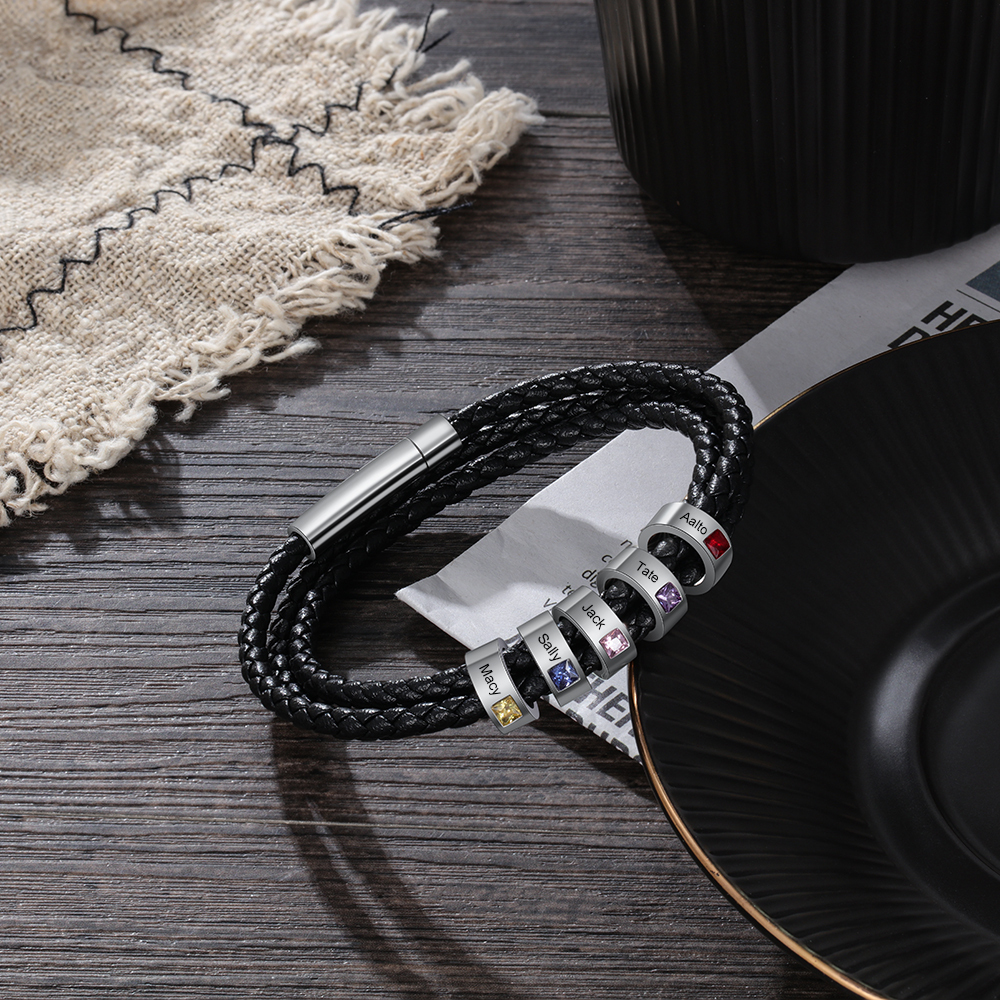 Personalised 3 Layer Leather Bracelet with 5 Beads Engraved Names Men's Bracelets for Him-Jessemade AU