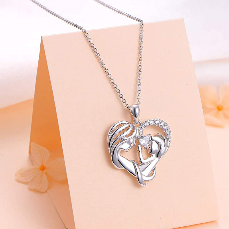 S925 Silver Mother Hold Child Necklace Heart Pendant Necklace for Her-Jessemade AU