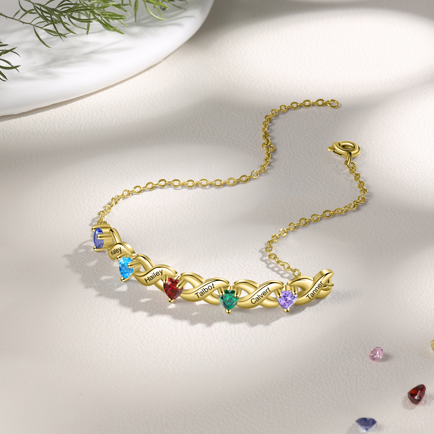 Family Custom Bracelet Heart Personalised with 5 Birthstones Gift Box Set-Jessemade AU