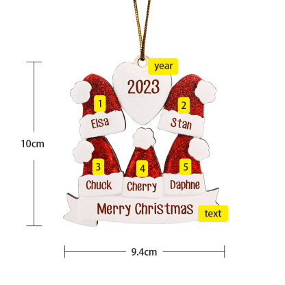 5 Names - Personalised Wooden Christmas Hat Ornaments Custom Text & Name & Year Xmas Pendant Gifts for Family-Jessemade AU