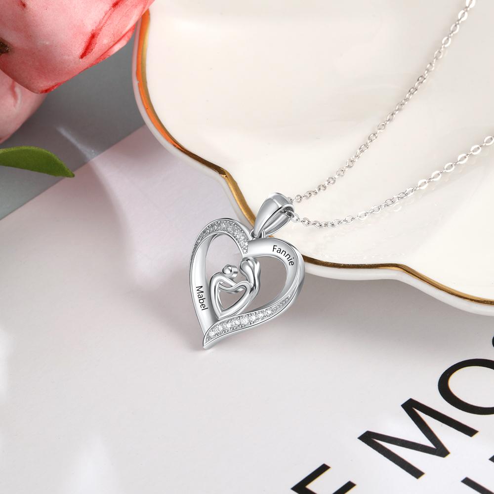Mother and Child Heart Necklace Engraved with 2 Names Love Necklace Sterling Silver-Jessemade AU