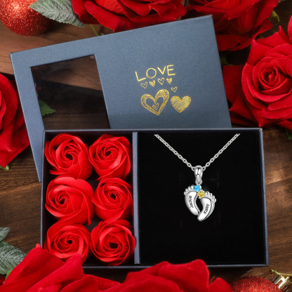 Baby Feet Necklace Custom 2 Birthstones Family Gifts Set for Mum