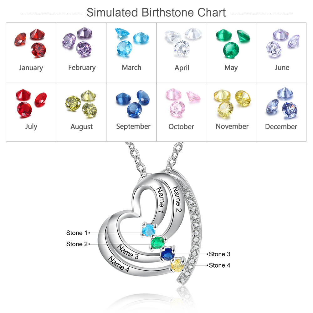 Personalised Family Heart Necklace With 4 Birthstones Engraved Names Gift For Her-Jessemade AU