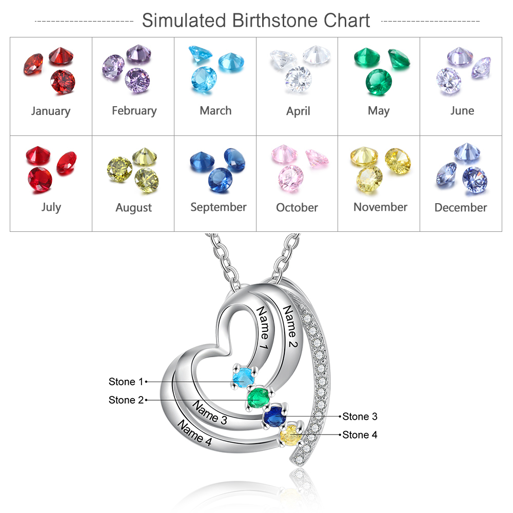 Personalised Family Heart Necklace With 4 Birthstones Engraved Names Gift For Her-Jessemade AU