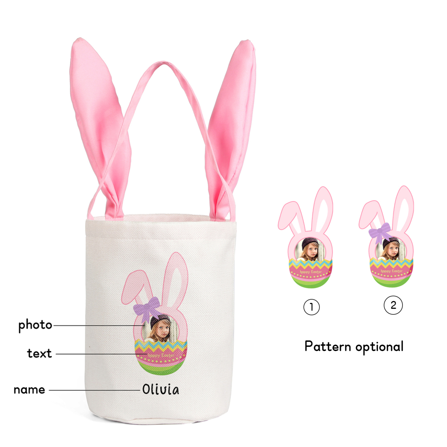 Bunny Tote Bag Personalised Photo Bucket Bag Custom Name & Text Bunny Basket Easter Gifts-Jessemade AU