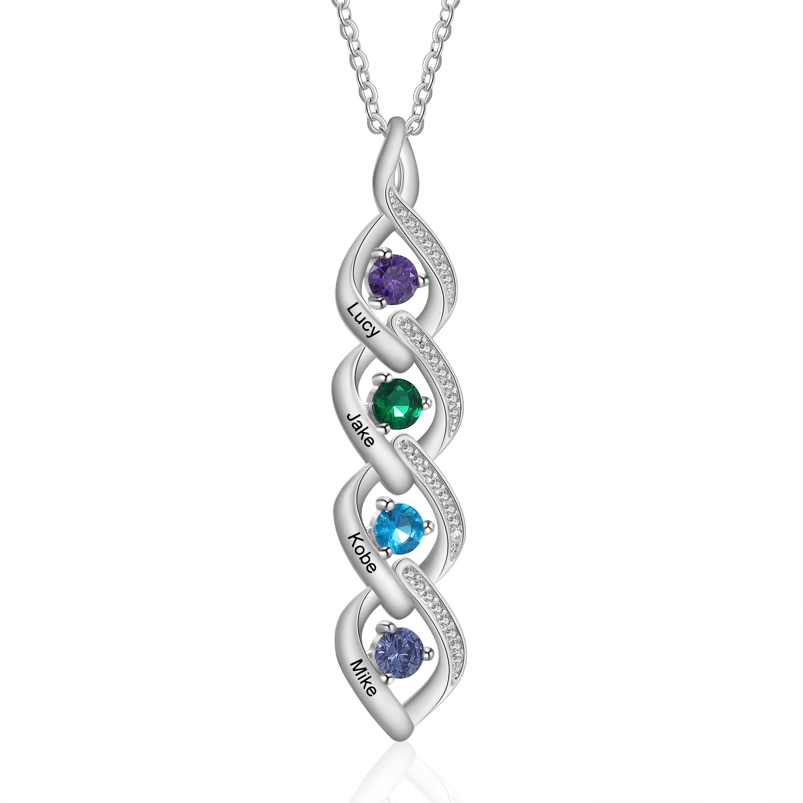Personalised Twisted Pendant Necklace Custom 4 Birthstones & 4 Names Necklace