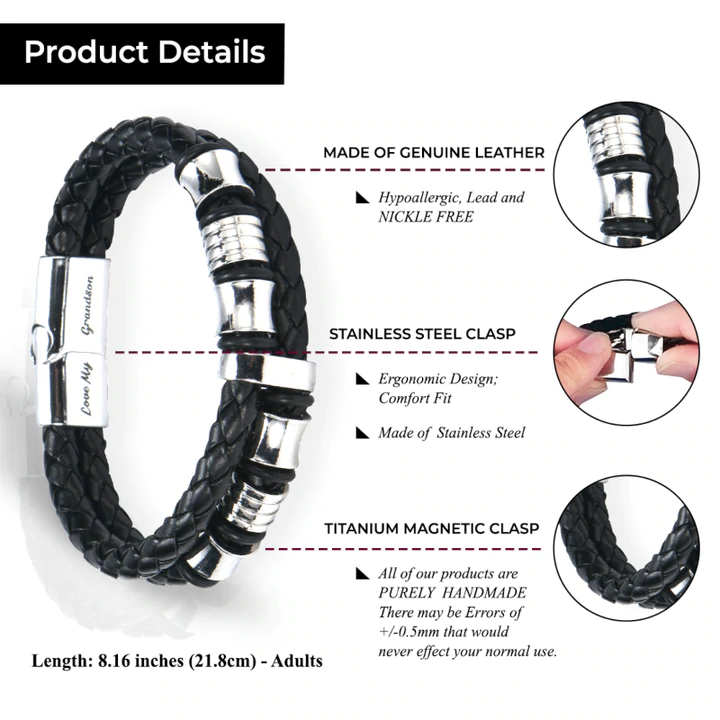 To My Grandson, Inspirational Leather Bracelet Bangle with Message Card Gifts For Him-Jessemade AU