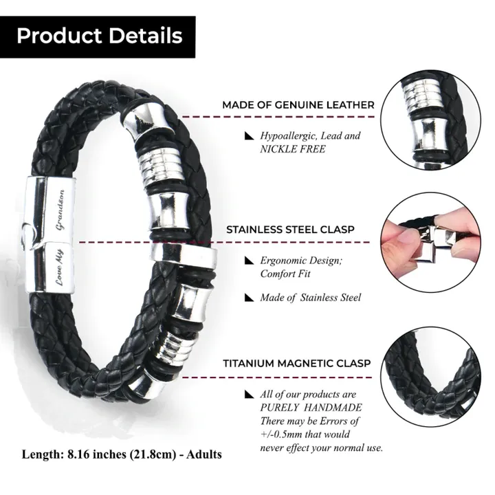 To My Grandson, Inspirational Leather Bracelet Bangle with Message Card Gifts For Him-Jessemade AU