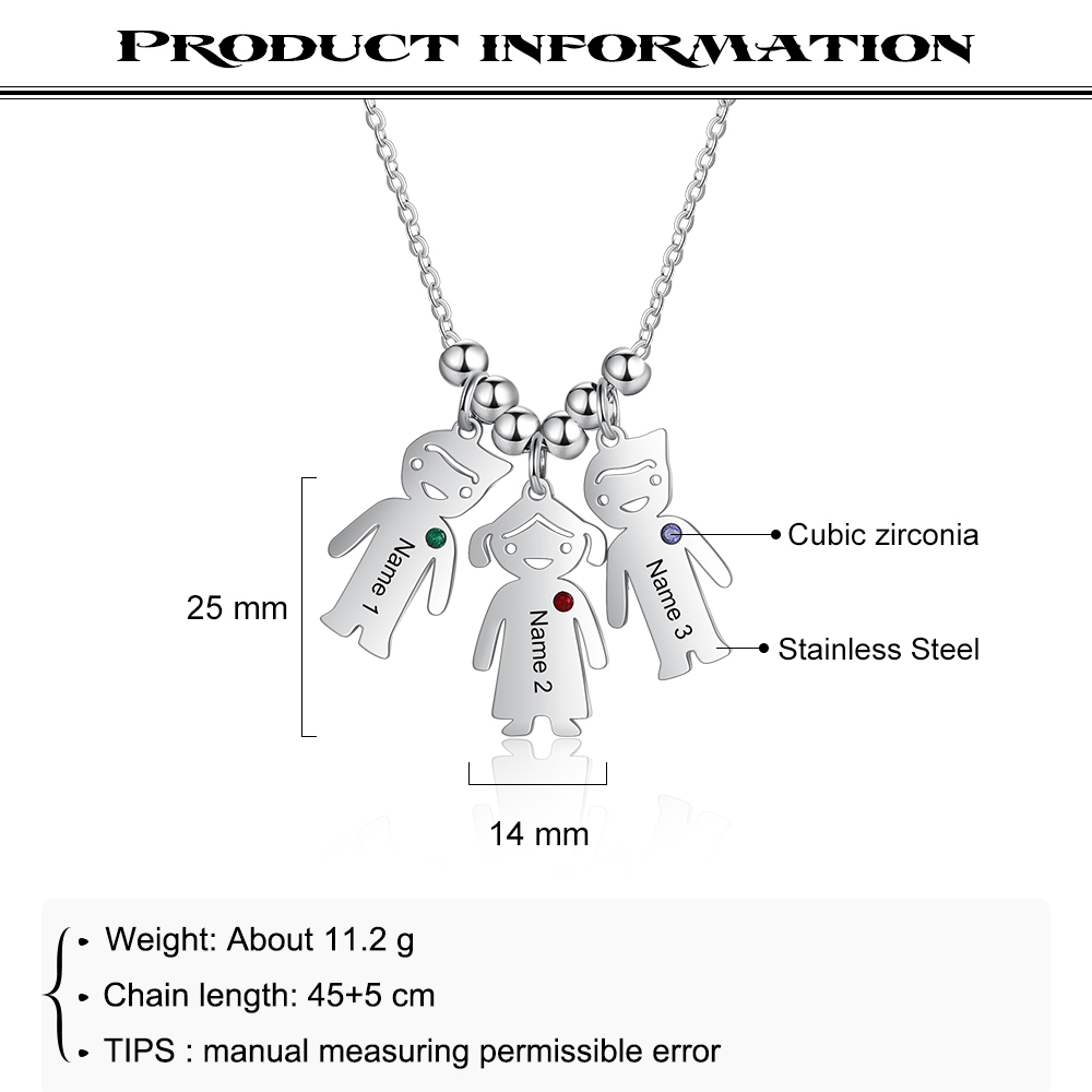 Personalised Kids Charm Necklace With 3 Birthstones Engraved Names Gift For Mother-Jessemade AU