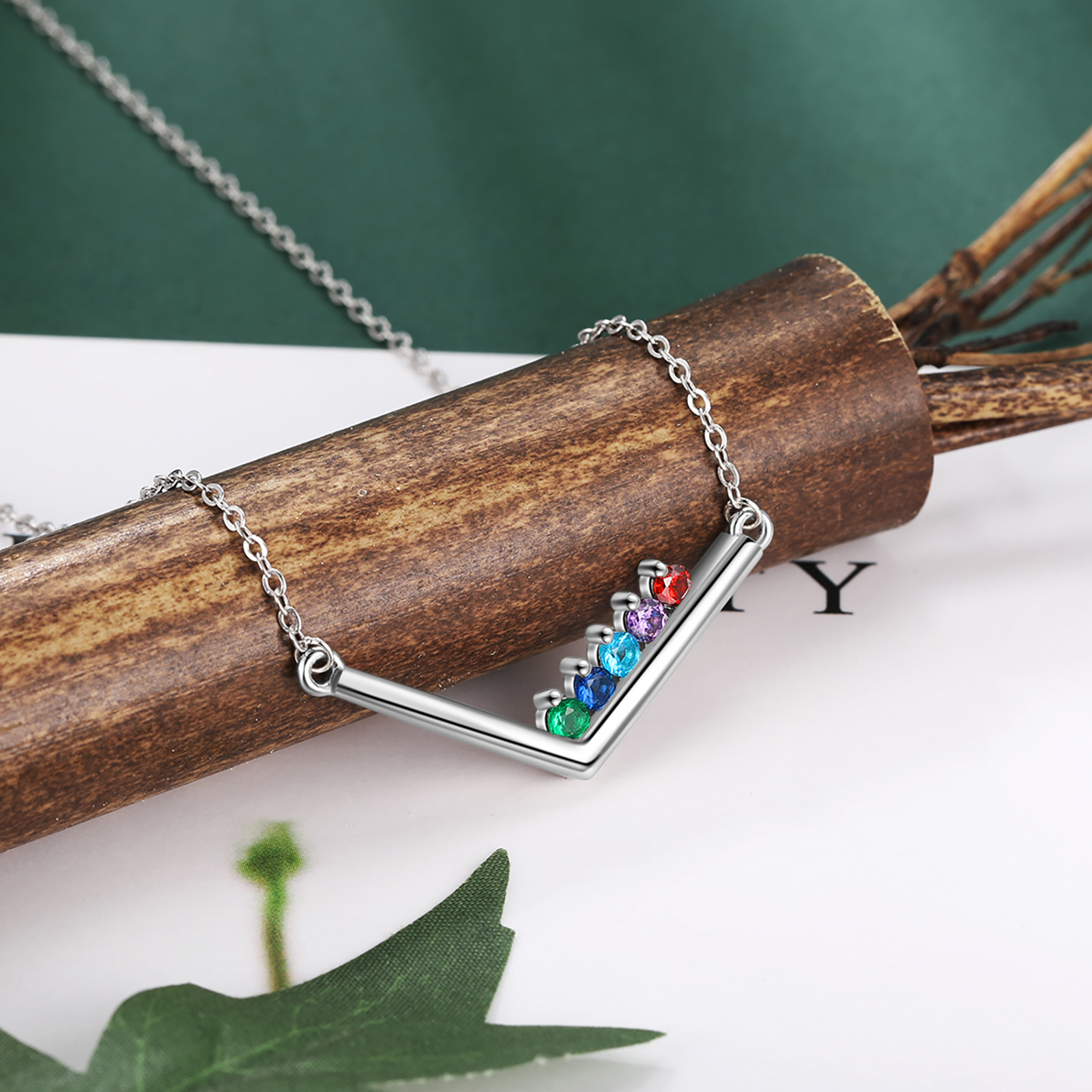 V Shape Necklace with Family Birthstone Personalised 5 Stones Family Necklace For Her-Jessemade AU