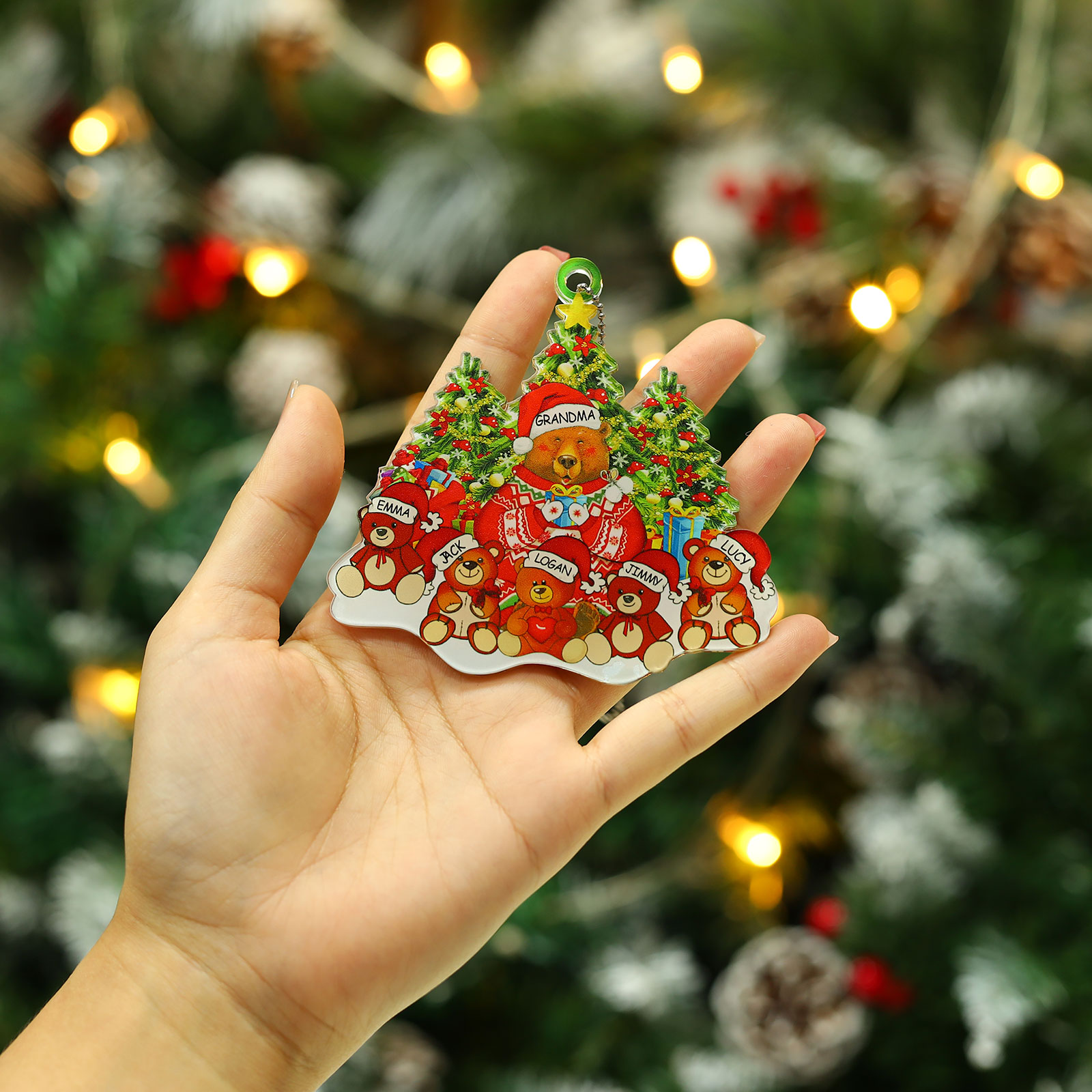 6 Names - Personalised Acrylic Christmas Bear Ornaments Customised Text & Name Xmas Pendant Gifts for Family-Jessemade AU