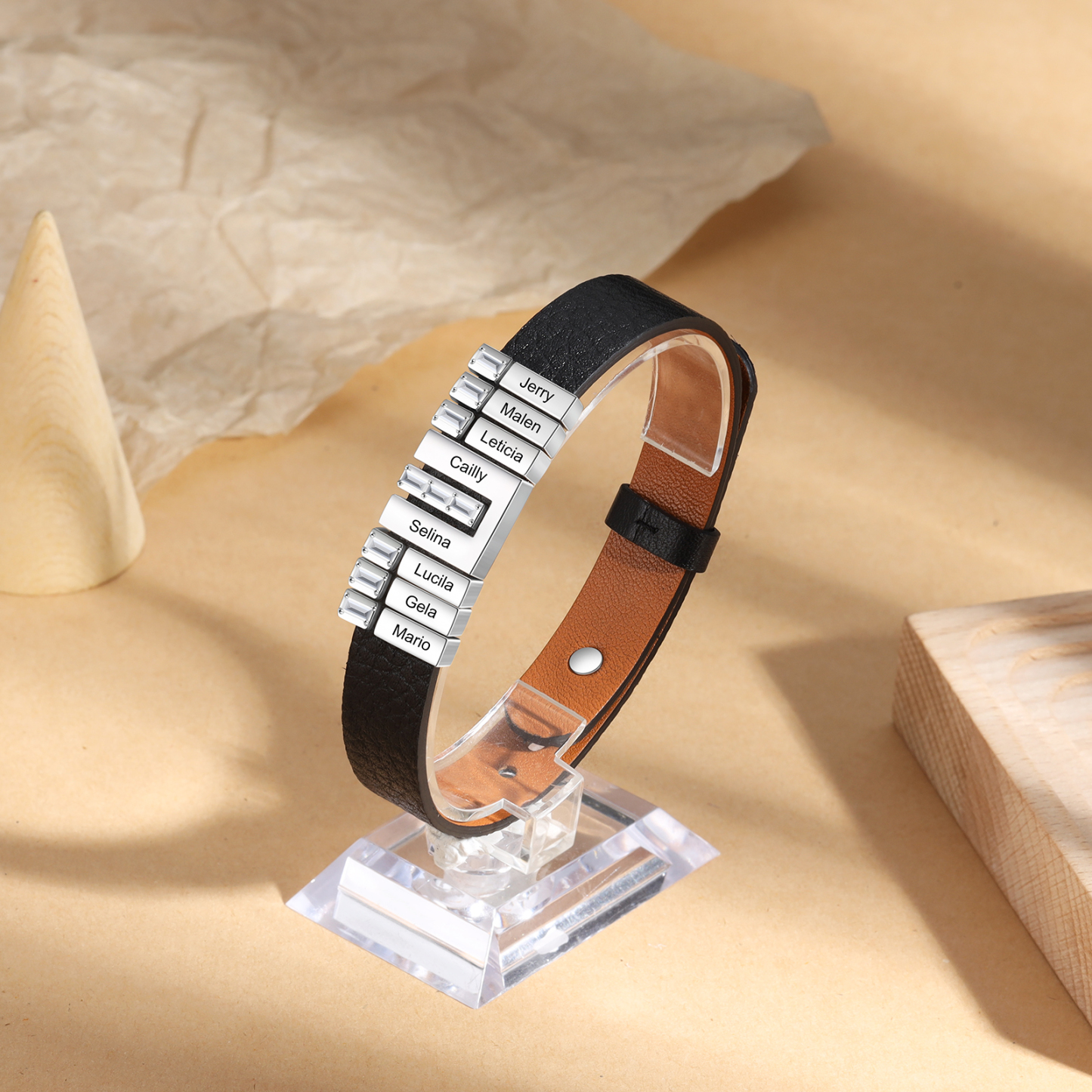 Personalised Leather Bracelet with Beads Engraved 8 Names Bangle for Him-Jessemade AU