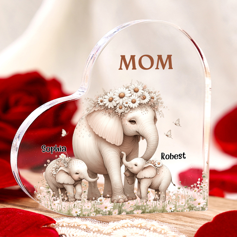 2 Names - Personalised Acrylic Heart Keepsake Custom Text Elephant Family Ornament Gifts for Mother/Grandma-Jessemade AU