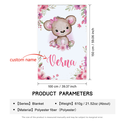Personalised Pink Bear Blanket Custom Name Cute Cartoon Blanket-Jessemade AU