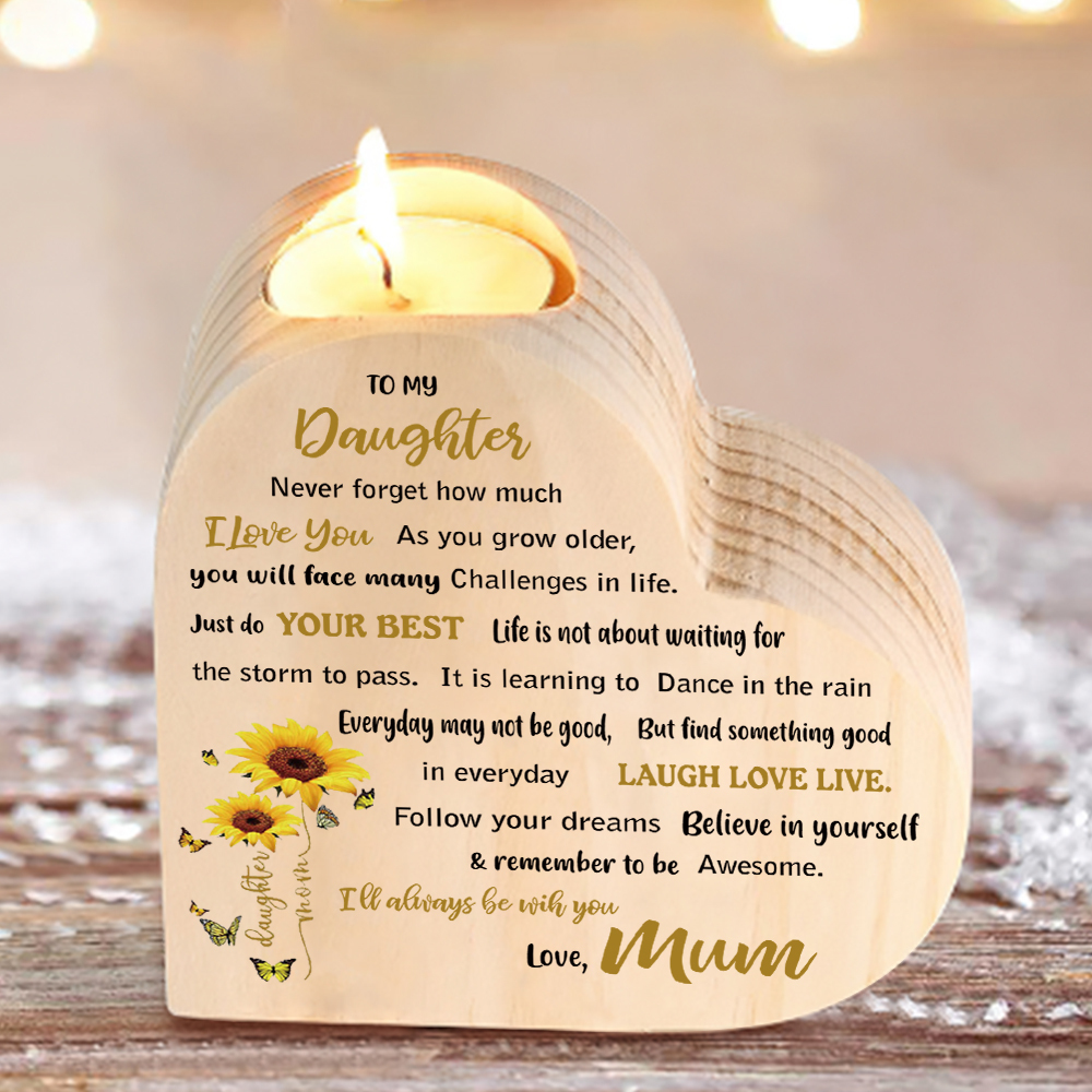 To My Daughter Wooden Heart Candle Holder Sunflowers Candlesticks "I'll always be with you"-Jessemade AU
