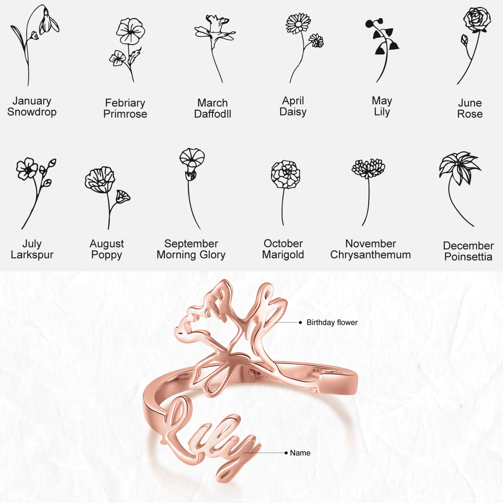 Personalised March Birth Flower Ring With Name Gifts For Her-Jessemade AU